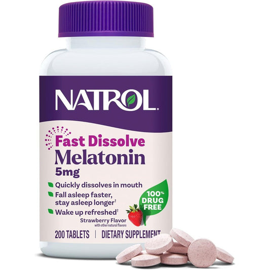 Natrol Melatonin 5mg Fast Dissolve Strawberry 200 Tablets front bottle view