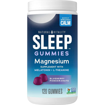 Natural Vitality Calm Sleep Magnesium and Melatonin 120 Gummies front bottle view for natural rest solutions