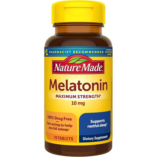 Nature Made Melatonin 10mg Maximum Strength 70 Tablets front view showing imported packaging