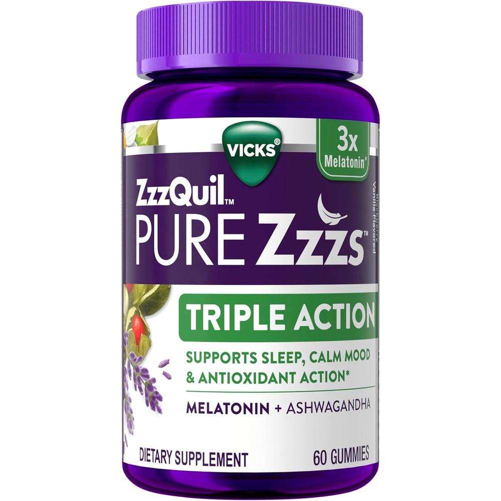 ZzzQuil PURE Zzzs Triple Action Melatonin Gummies front view bottle for natural sleep aid