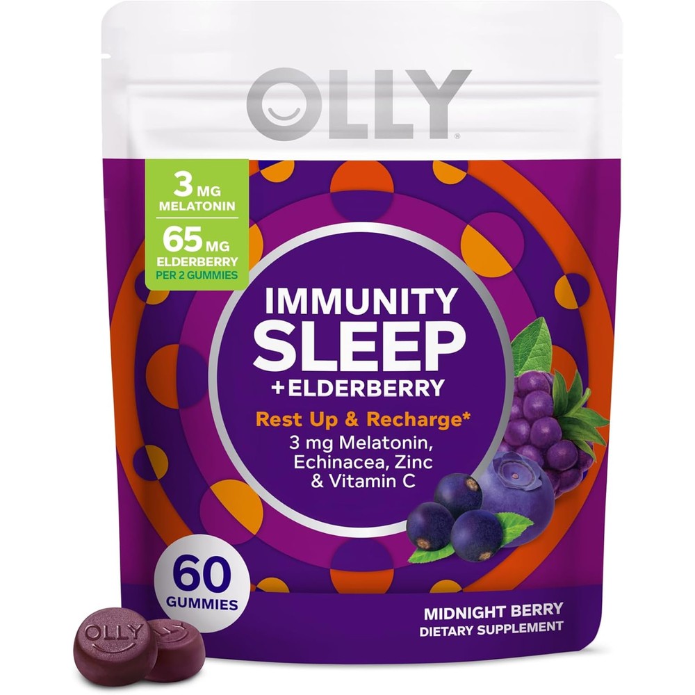 OLLY Immunity Sleep Gummy 60 count bottle front view showing melatonin and elderberry active ingredients