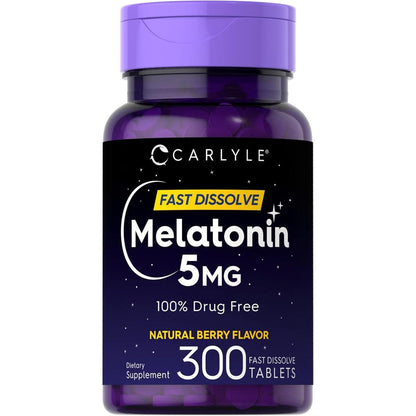 Carlyle Melatonin 5mg Fast Dissolve 300 Tablets front bottle view showing berry flavor details