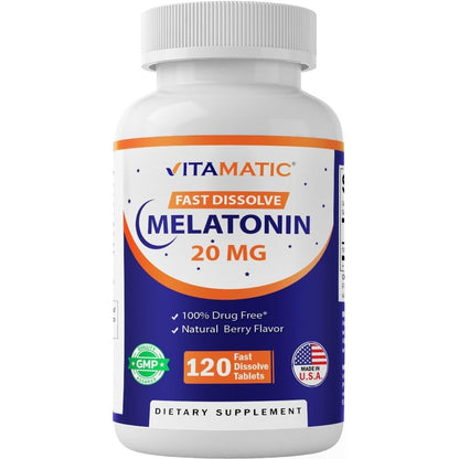 Vitamatic Melatonin 20mg 120 Fast Dissolve Tablets front view bottle for premium sleep support