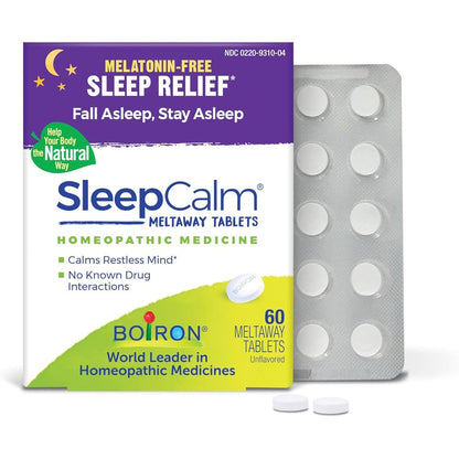 Boiron SleepCalm 60 Meltaway Tablets front packaging for homeopathic sleep relief