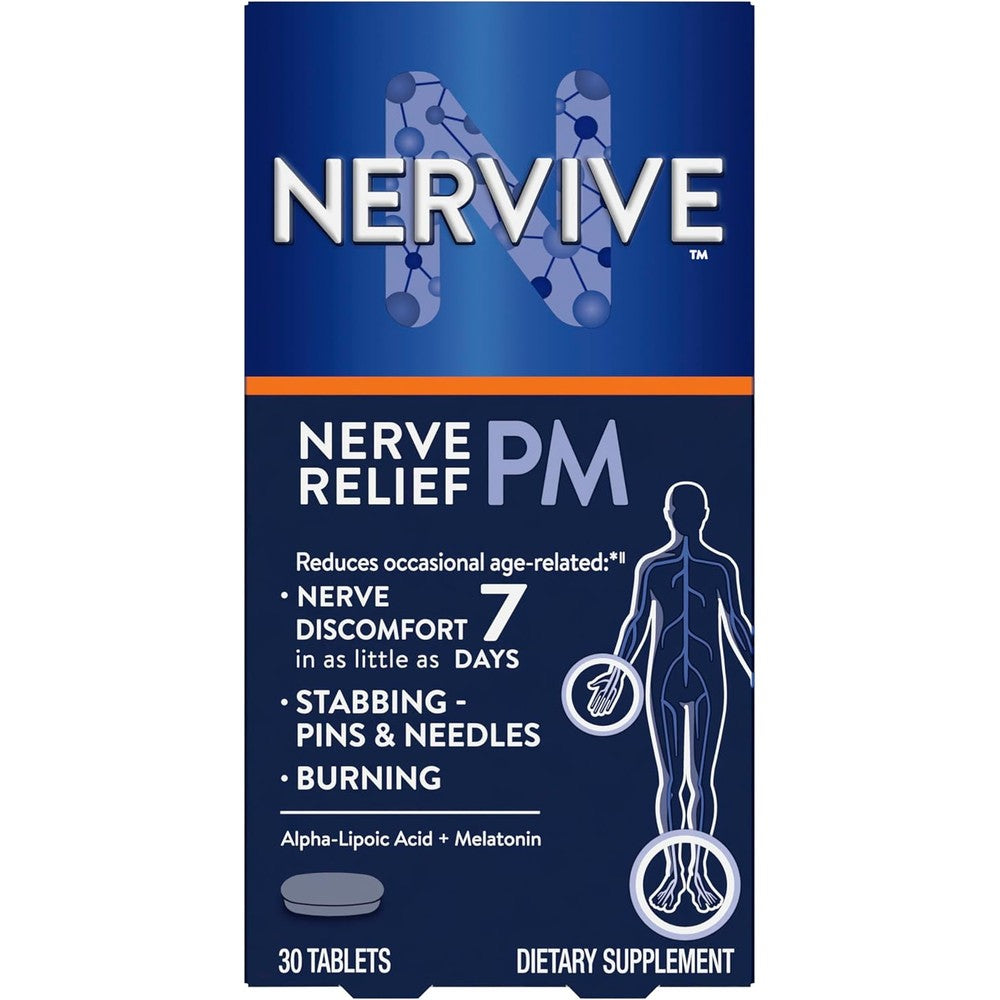 Nervive Nerve Relief PM 30 tablets bottle front view showing alpha lipoic acid supplement details