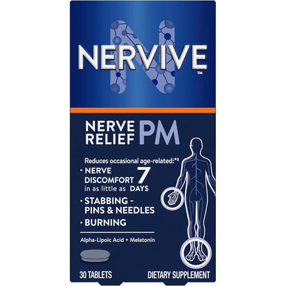 Nervive Nerve Relief PM 30 tablets bottle front view showing alpha lipoic acid supplement details