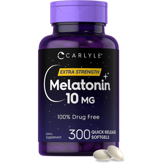Carlyle Melatonin 10mg 300 Softgels front view bottle of extra strength sleep aid supplement