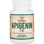 Double Wood Supplements Apigenin fifty milligrams front view bottle showing relaxation benefits