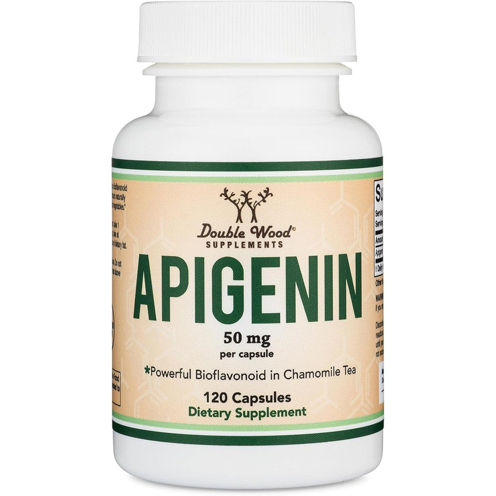 Double Wood Supplements Apigenin fifty milligrams front view bottle showing relaxation benefits
