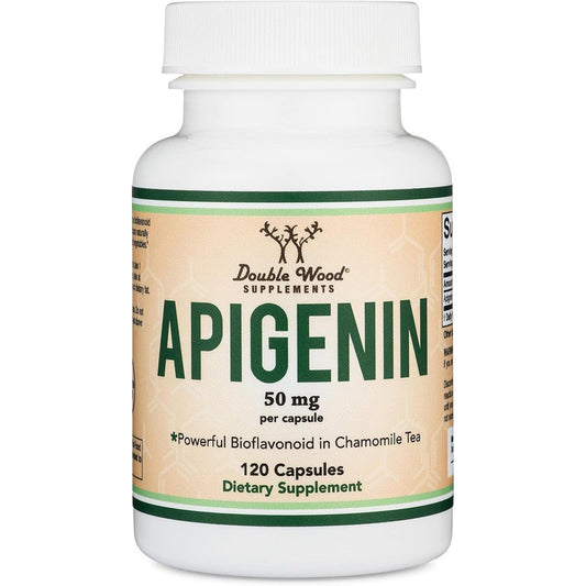 Double Wood Supplements Apigenin fifty milligrams front view bottle showing relaxation benefits