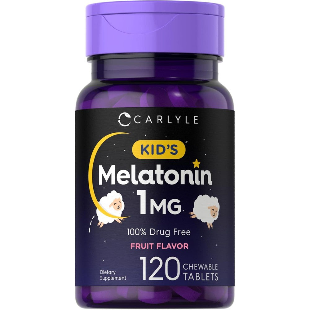 Carlyle Kids Melatonin 1 milligram bottle front view showing 120 chewable tablets label