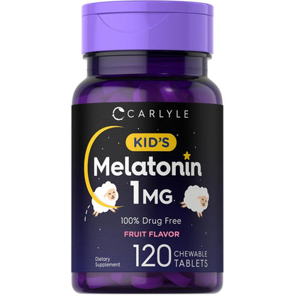Carlyle Kids Melatonin 1 milligram bottle front view showing 120 chewable tablets label