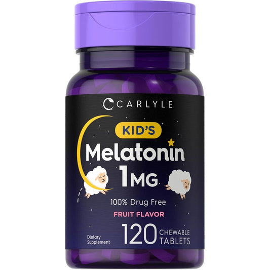 Carlyle Kids Melatonin 1 milligram bottle front view showing 120 chewable tablets label