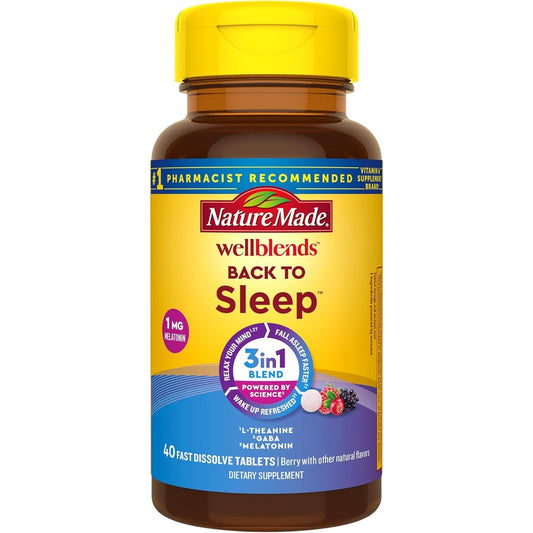 Nature Made Wellblends Back To Sleep 40 tablets front bottle view showing melatonin blend