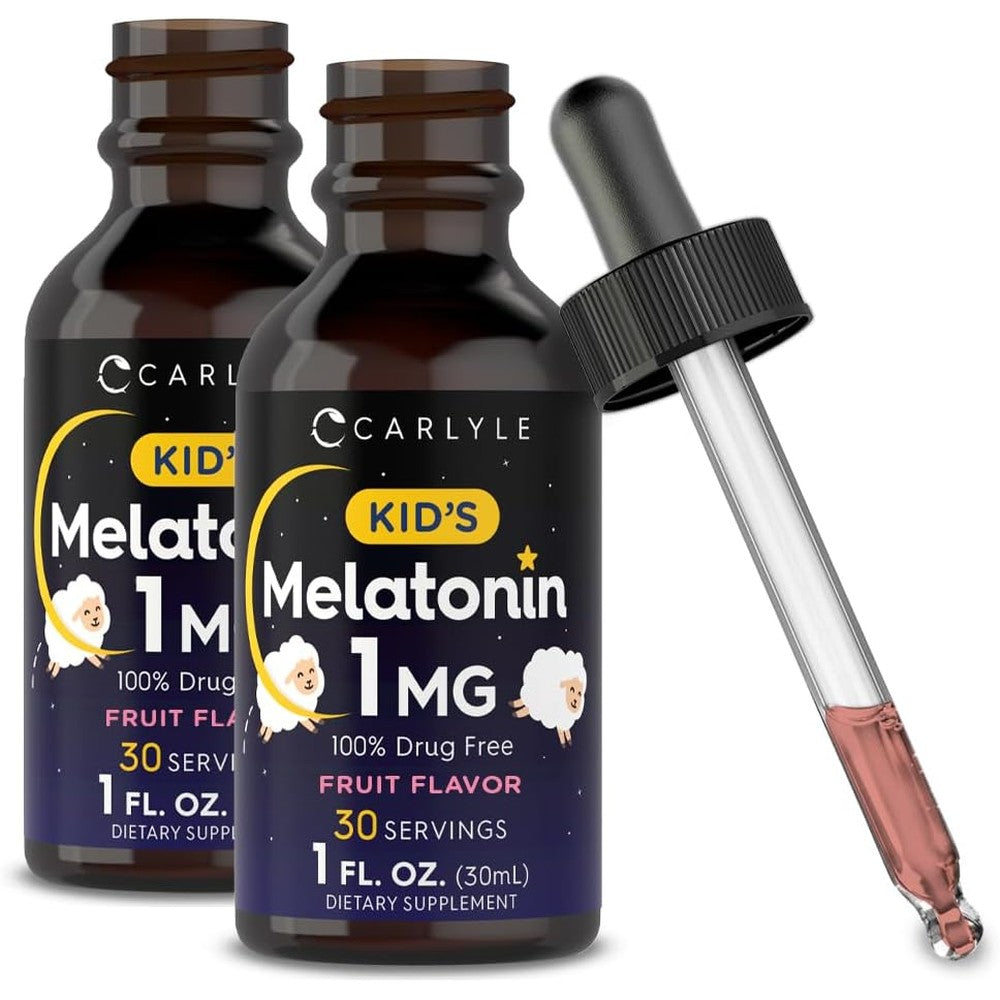 Carlyle Kids Melatonin Liquid two pack front view showing packaging and berry flavor label