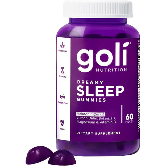 Goli Nutrition Dreamy Sleep Gummies 60 count bottle front view showing melatonin and magnesium benefits