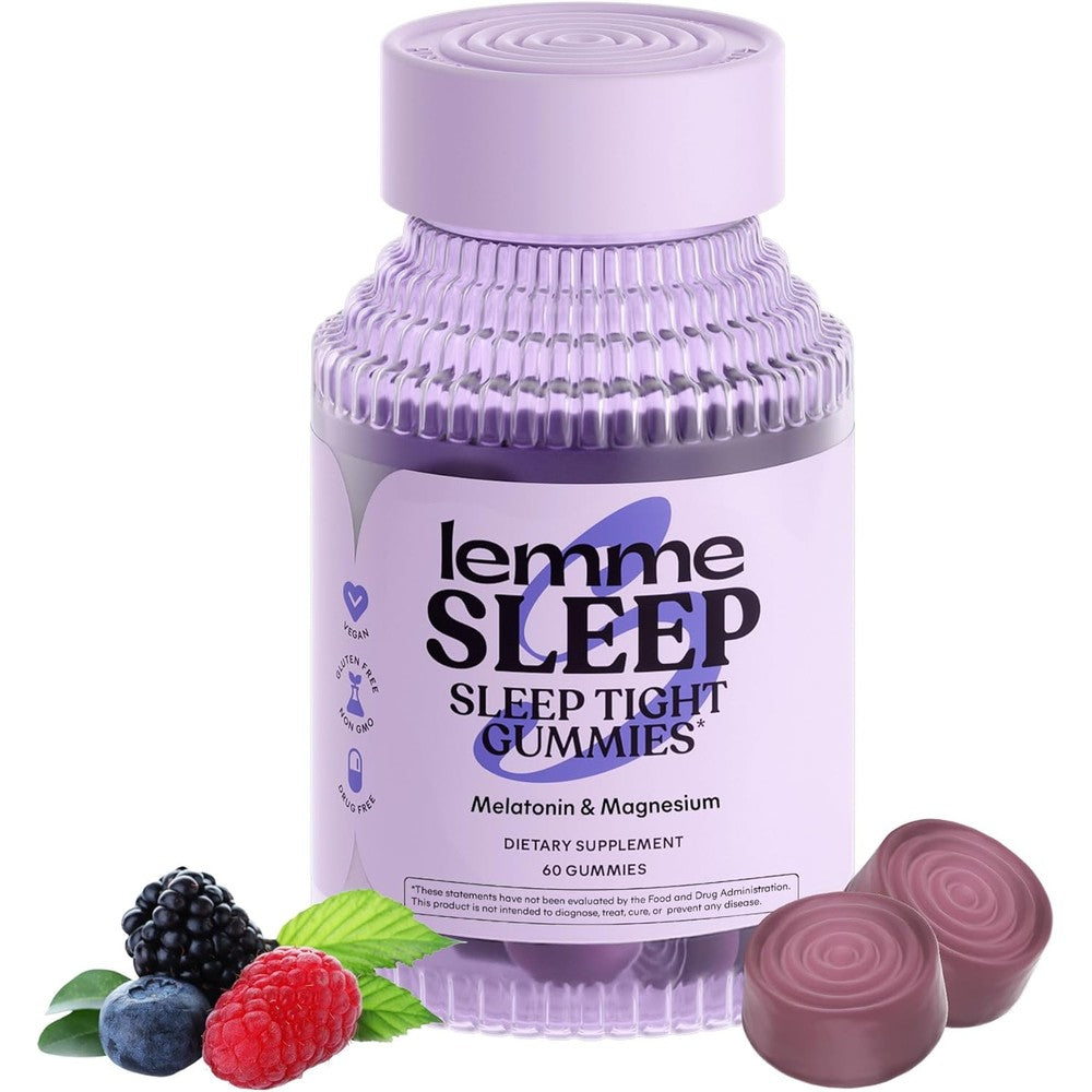 Lemme Sleep Nighttime Sleep Aid Gummies sixty count bottle front view featuring premium botanical ingredients.