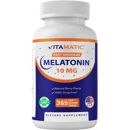 Vitamatic Melatonin 10mg front view bottle for sleep support