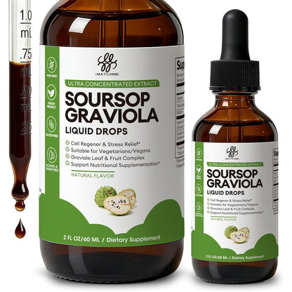 iMATCHME Soursop Graviola Liquid Drops front view showing the product packaging and immune support bottle label.