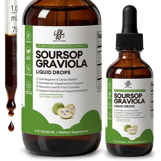 iMATCHME Soursop Graviola Liquid Drops front view showing the product packaging and immune support bottle label.