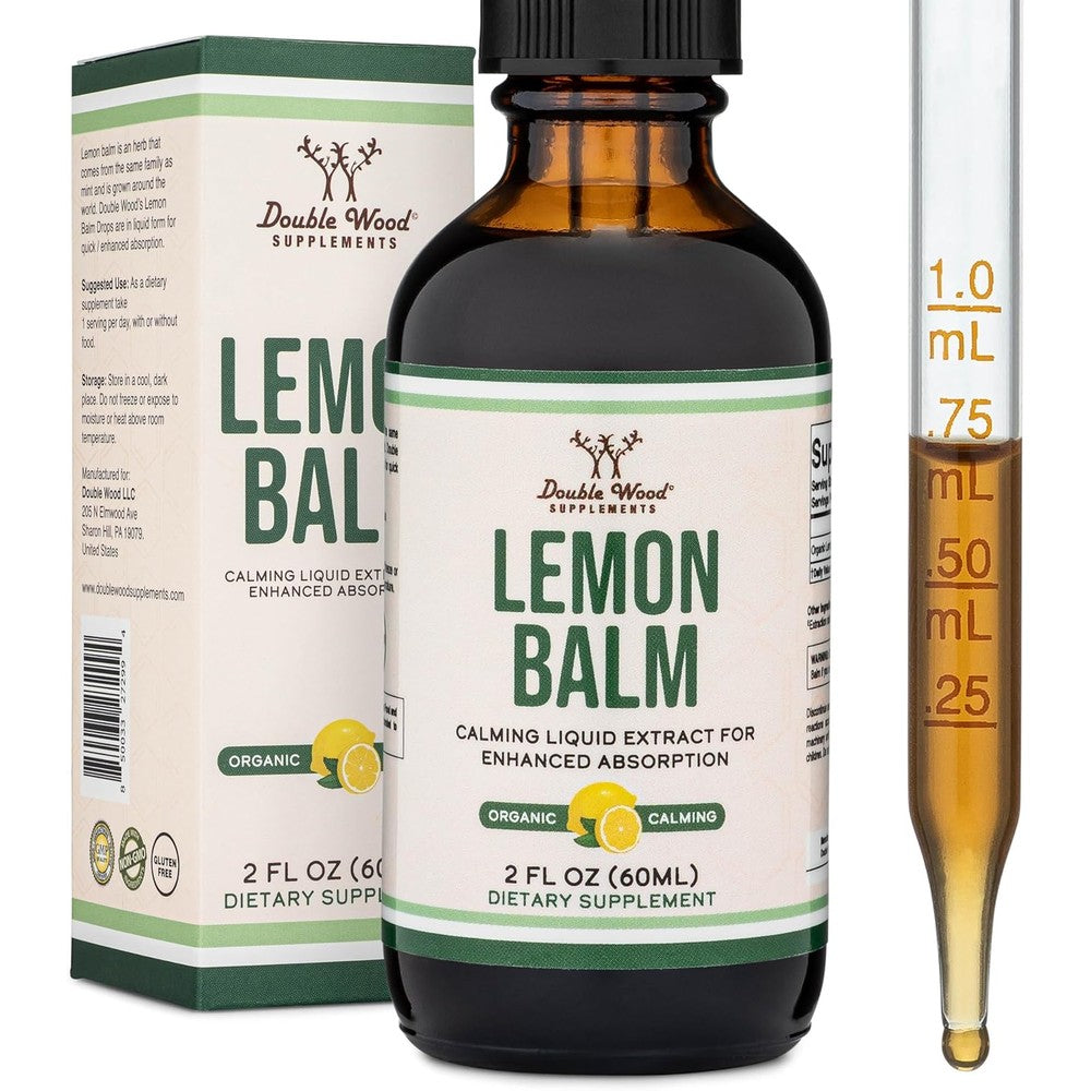 Double Wood Supplements Organic Lemon Balm Tincture front view bottle for stress relief