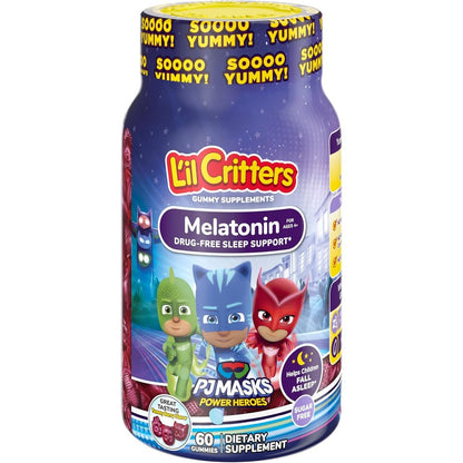 Lil Critters PJ Masks kids melatonin supplements 60 gummies front bottle view