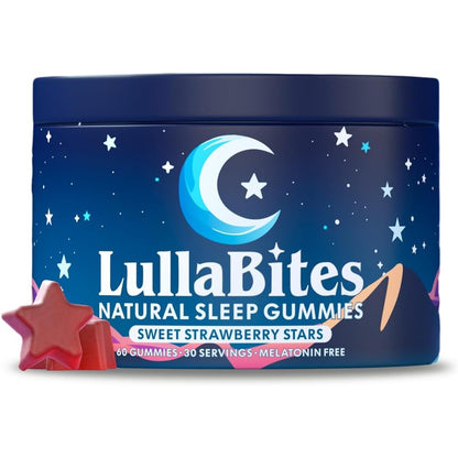 LullaBites natural sleep gummies front view bottle showing premium melatonin free supplement