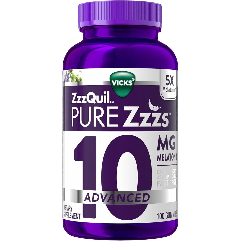 ZzzQuil Pure Zzzs Advanced Melatonin 10mg Gummies 100 Count front bottle view