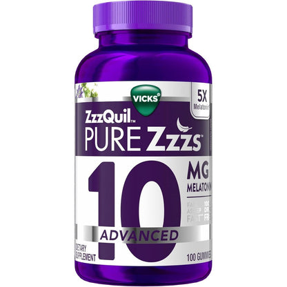 ZzzQuil Pure Zzzs Advanced Melatonin 10mg Gummies 100 Count front bottle view
