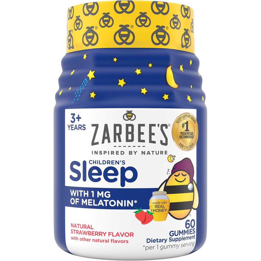 Zarbee's Kids Melatonin 1mg Natural Strawberry Sleep 60 Gummies front bottle view for children sleep support.