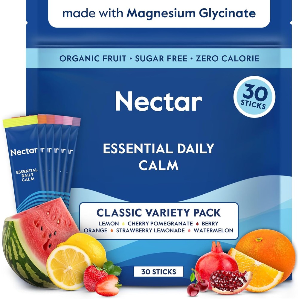 Nectar Calm Magnesium Glycinate Drink Mix 30 sticks box front view showing product branding and sugar-free details.