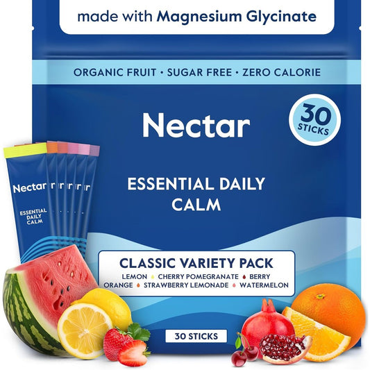 Nectar Calm Magnesium Glycinate Drink Mix 30 sticks box front view showing product branding and sugar-free details.