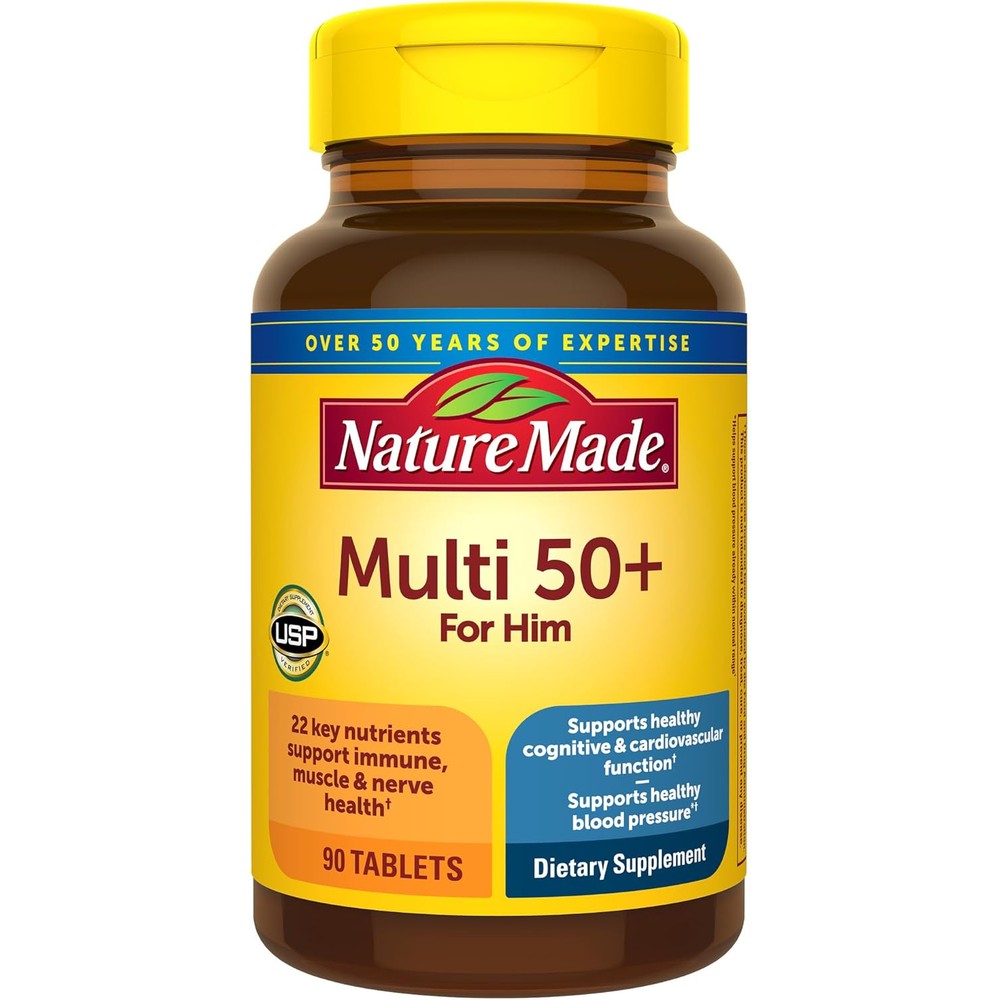 Nature Made Multivitamin for Men Over 50 front view bottle showing 90 tablets packaging