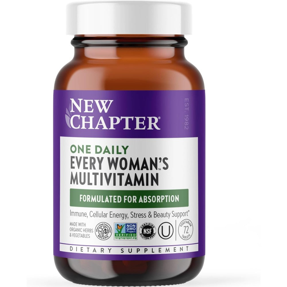 New Chapter Every Woman One Daily multivitamin seventy two tablets front packaging view displaying immune and stress support benefits