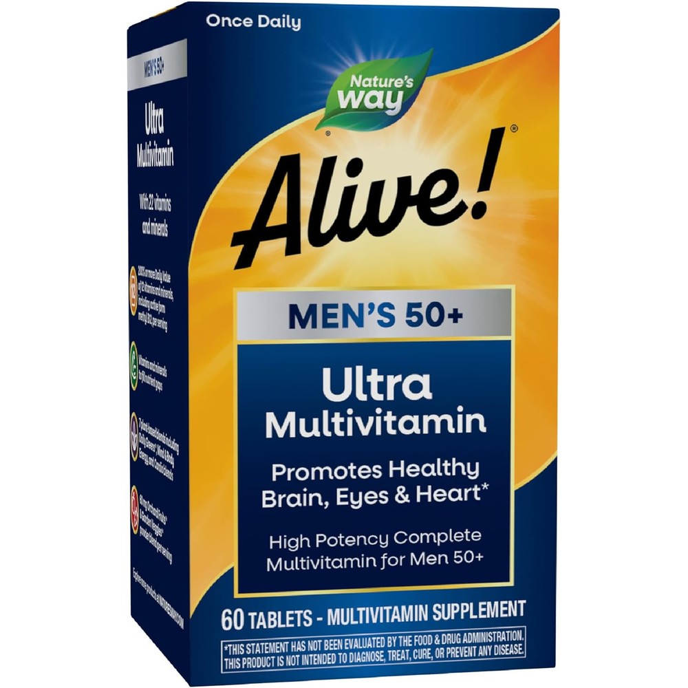 Nature's Way Alive Men's 50 Plus Daily Ultra Multivitamin front bottle view showing 60 tablets pack.