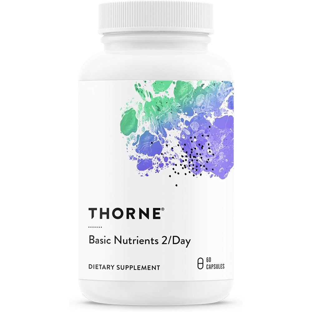 Thorne Basic Nutrients 2 Day multivitamin bottle front view showing capsule count
