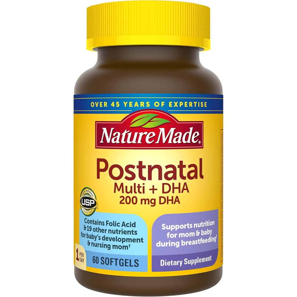 Nature Made Postnatal Multivitamin plus DHA sixty softgels front view of the bottle.
