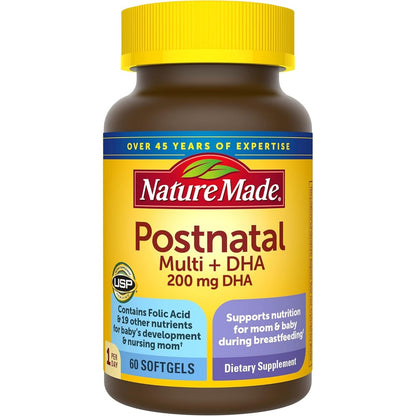 Nature Made Postnatal Multivitamin plus DHA sixty softgels front view of the bottle.