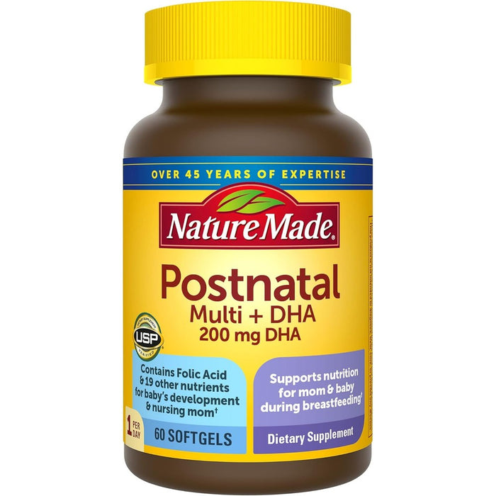 Nature Made Postnatal Multivitamin Plus DHA front view supplement bottle