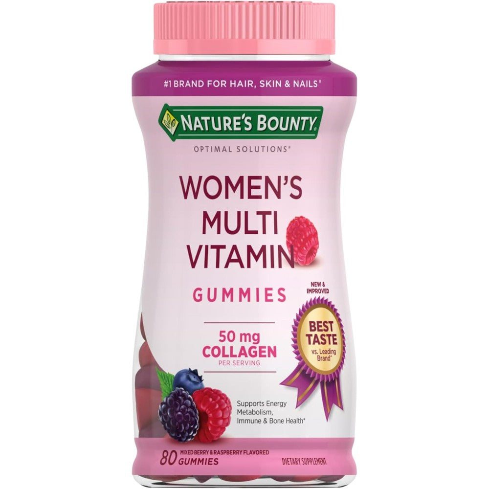 Nature's Bounty Optimal Solutions Women's Multivitamin Gummies front view bottle showcasing raspberry flavor