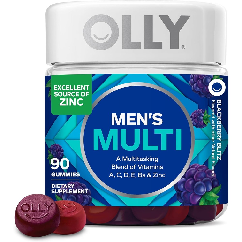 OLLY Perfect Men's Multivitamin Gummy bottle front view showing blackberry flavor graphics