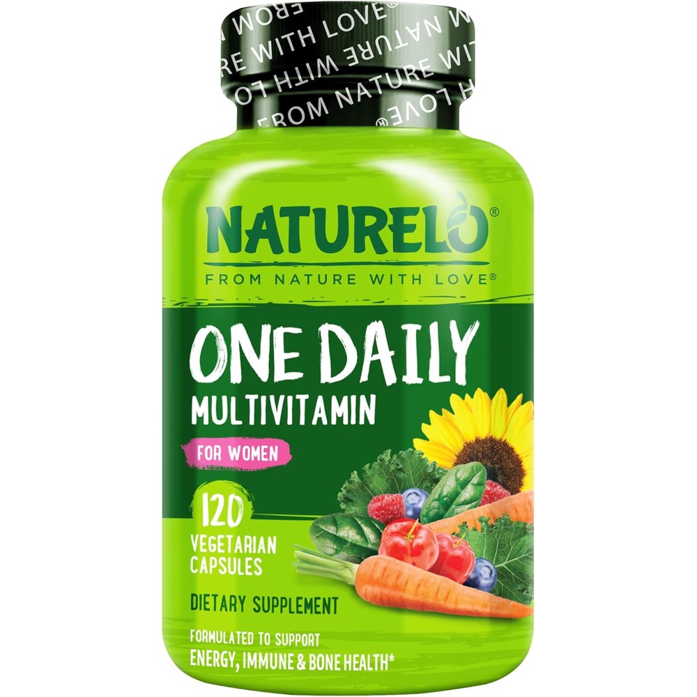NATURELO One Daily Multivitamin for Women 120 capsules front view showing green label with fresh fruits and vegetables.