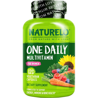 NATURELO One Daily Multivitamin for Women 120 capsules front view showing green label with fresh fruits and vegetables.