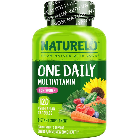 NATURELO One Daily Multivitamin for Women 120 capsules front view showing green label with fresh fruits and vegetables.