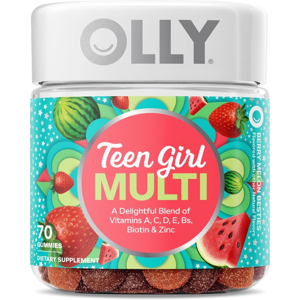 OLLY Teen Girl Multi Gummy bottle front view showing ninety chewable vitamins for healthy skin and immune support.
