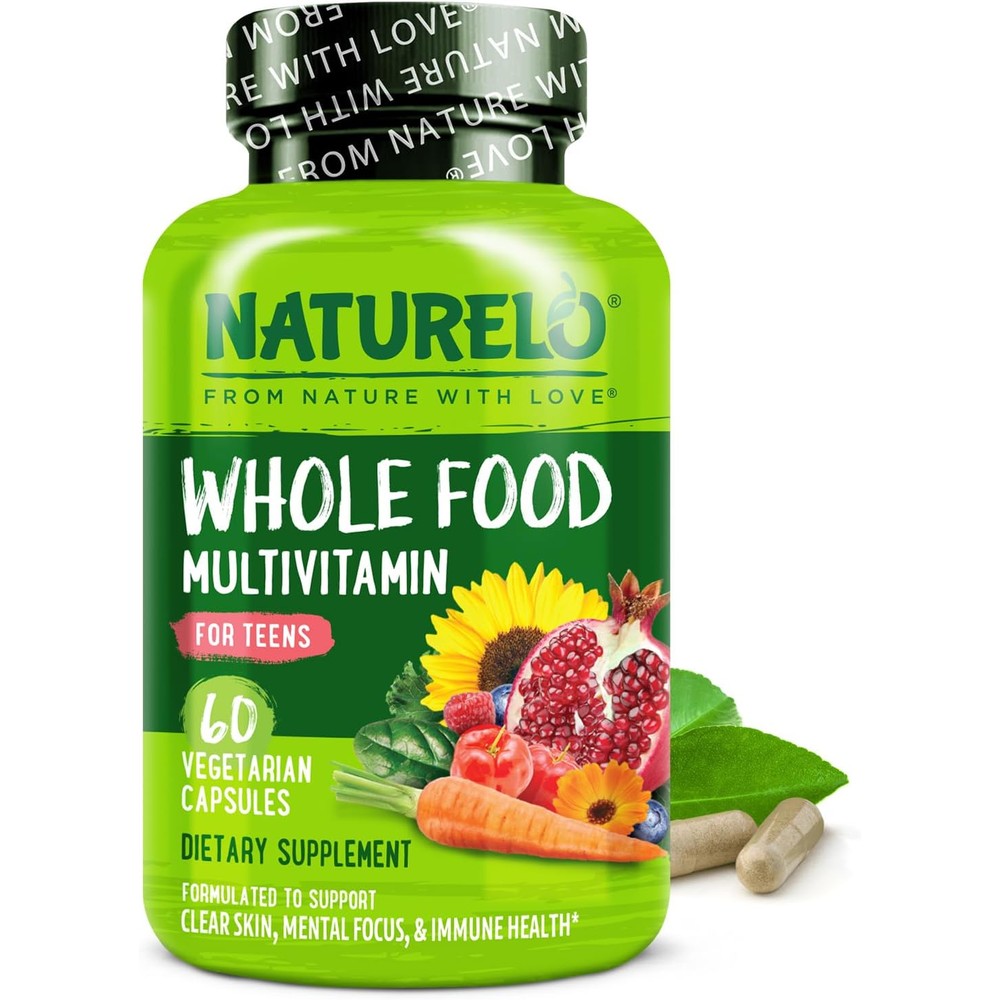 Naturelo whole food multivitamin for teens front view green bottle packaging