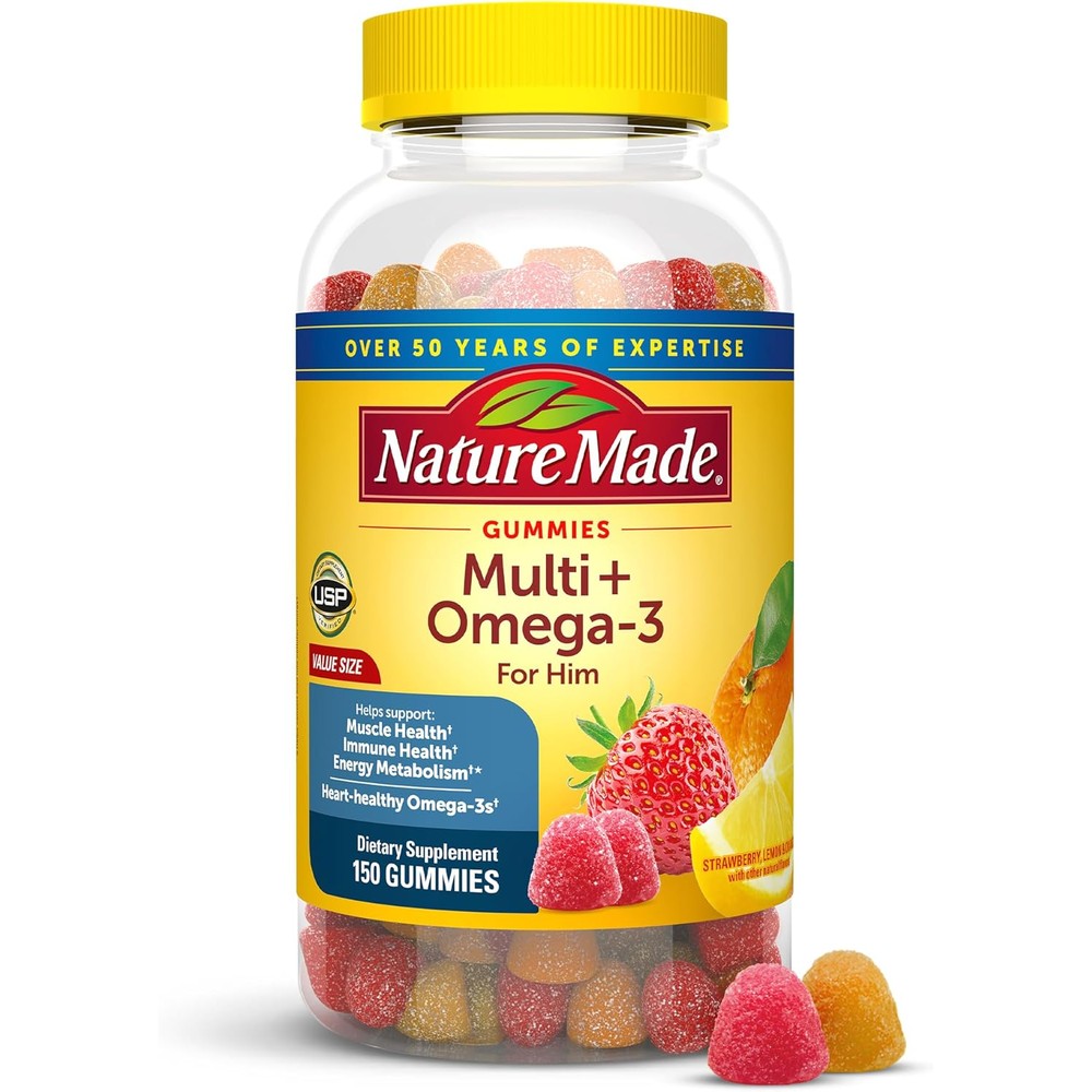 Nature Made Mens Multivitamin With Omega 3 Gummies front view bottle for daily immune support.