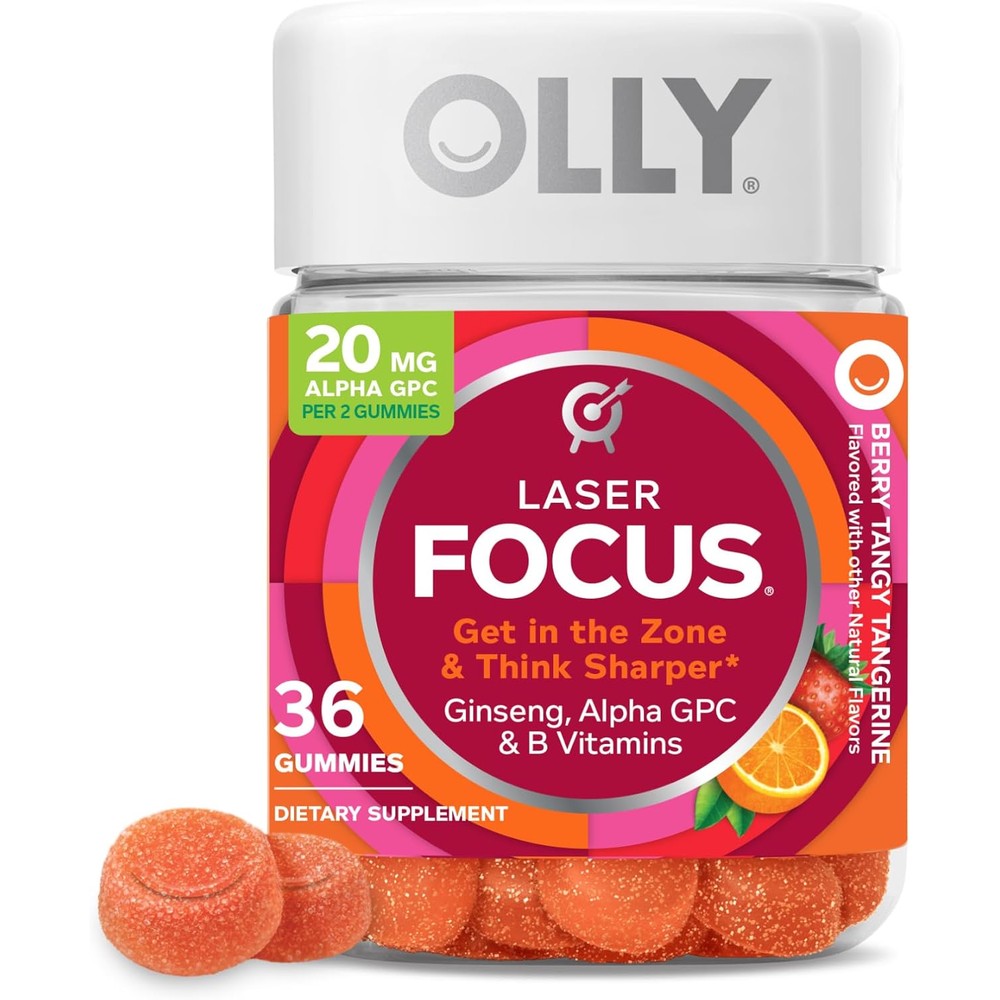 OLLY Laser Focus Gummy 36 count bottle front view featuring the berry tangy tangerine flavor labels.