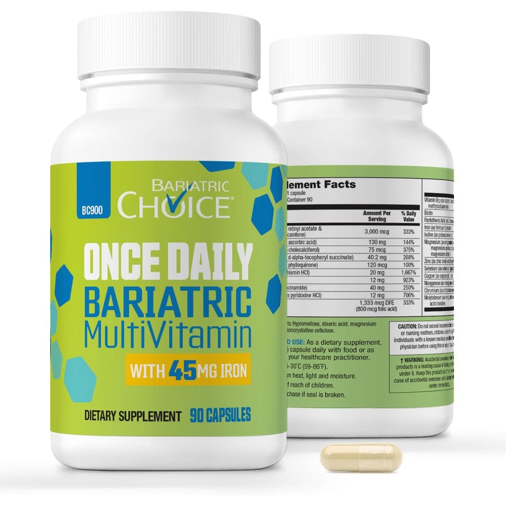 Bariatric Choice Once Daily Bariatric Multivitamin front label showing 45mg iron content
