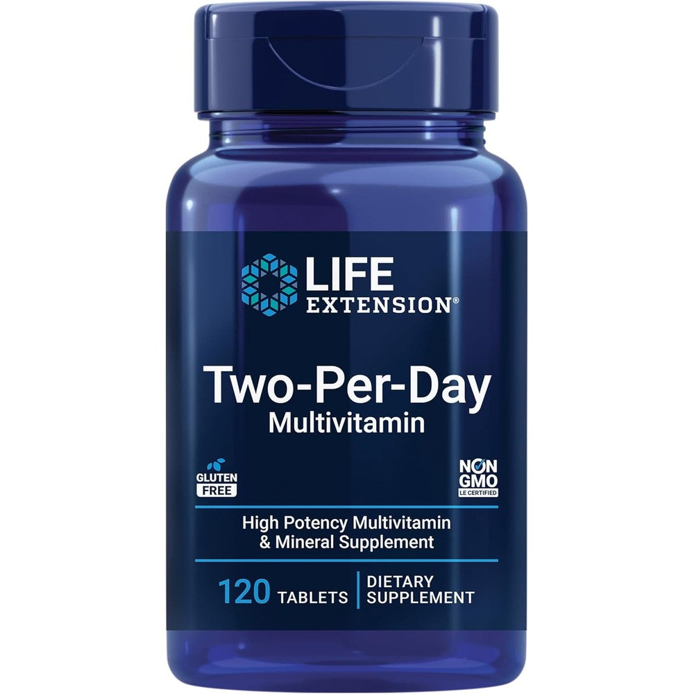 Life Extension Two-Per-Day Multivitamin 120 Tablets front bottle view authentic USA import